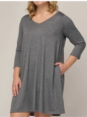 Wool& Willow Merino Wool Grey V-Neck Swing Dress Women’s Size Large Long in EUC!
